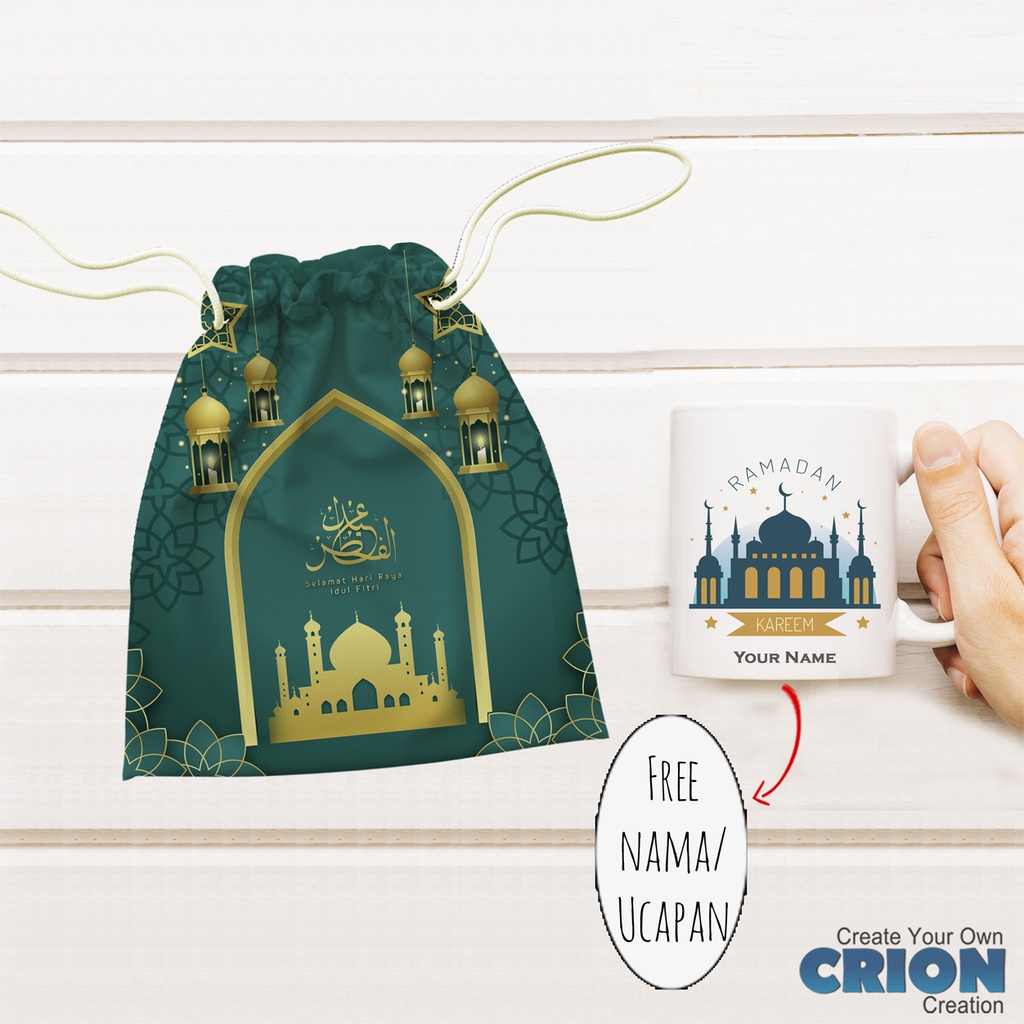 Mug Hampers Lebaran EID Mubarak Idul Fitri Pouch Custom Nama by crion