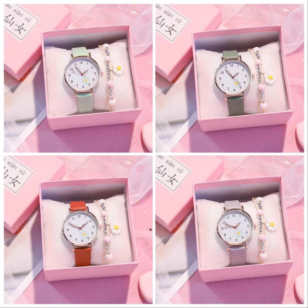 (GROSIRJAYA32) Jam Tangan bunga DAISY KALEB Gaya Korea Strap PU Leather Polos Analog Quartz Fashion Wanita Korean Watch Casual