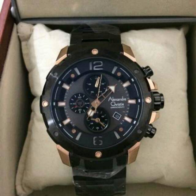 Jam Tangan Sport Pria Alexandre Christie AC-6410 Black Gold Original