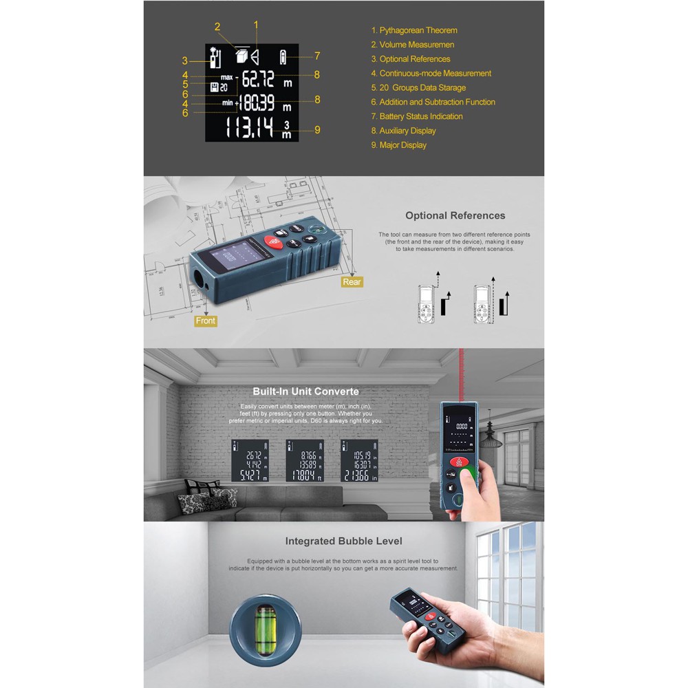 Pengukur Jarak Laser Distance Meter 40M - KXL-D40 - OMOT9UBK Black