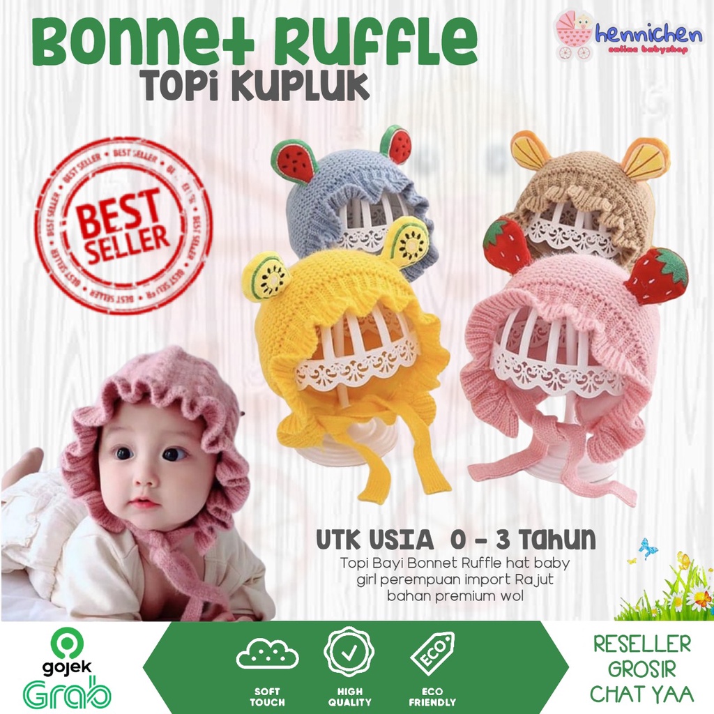 Topi Kupluk Bayi Bonet Bonnet Ruffle hat baby girl perempuan import Rajut