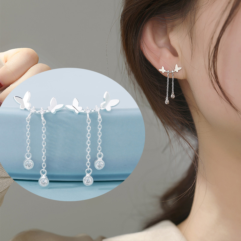 Anting Kupu Perak Charm Butterfly Silver Earring Stud Korea Tassel Crystal Dangle Earrings for Women Jewelry Gift Hot