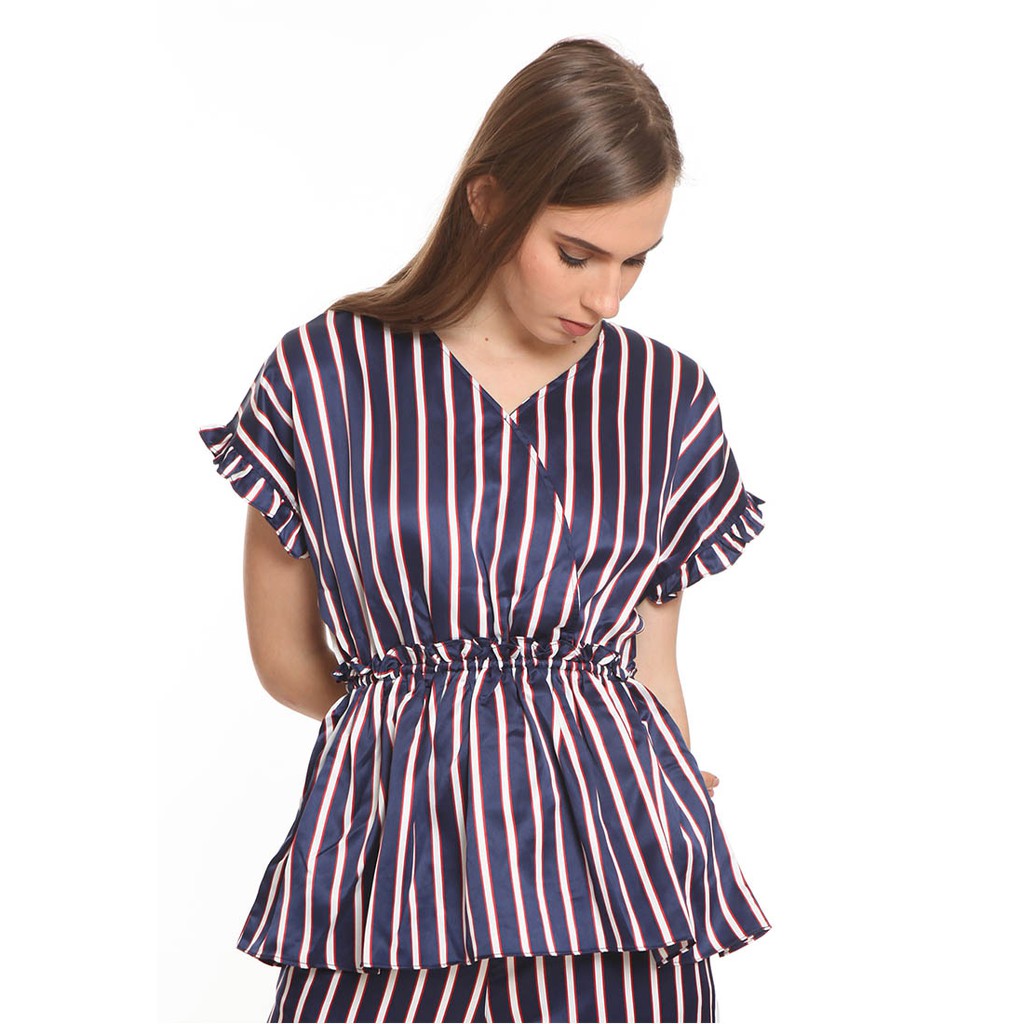 Basix - Myonkos Top Blue Stripe Blouse - Atasan Salur Biru V-Neck