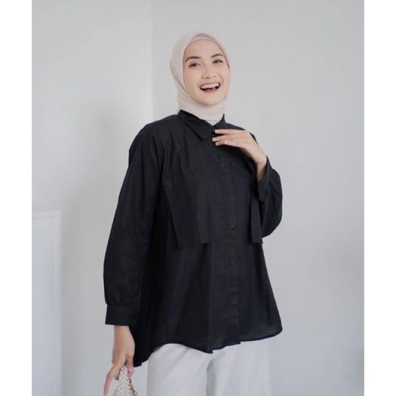 Jazline Kemeja Pocket Linen Oversize Kemeja Wanita Jumbo Putri Blouse