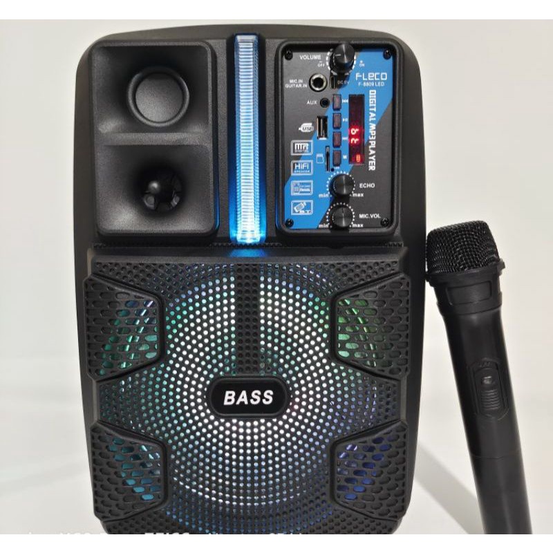 Speaker Bluetooth FLECO X-BASS F-8809LED 8,5 Inchi Free Tripod Dan Microphone Wireless Karaoke Remot Control Salon Aktif Portable Radio Fm