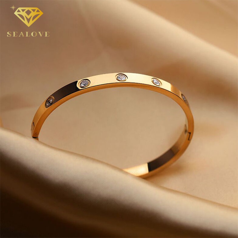 Titanium asli gelang wanita anti karat bulat Lapis emas 18k perhiasan berlian Bangle Premium