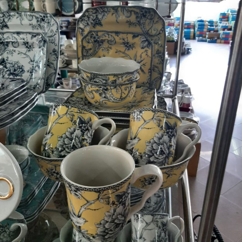 [SET] ADELAIDE SET ISI 16 / DINNER SALAD BOWL MUG KERAMIK SANGO MOTIF VINTAGE KLASIK JADUL