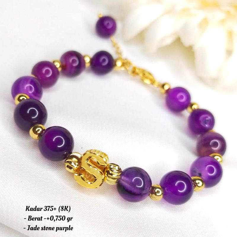 EMAS HURUF ALFABETA KADAR 8K GELANG JADE STONE AMETHYST UNGU PURPLE