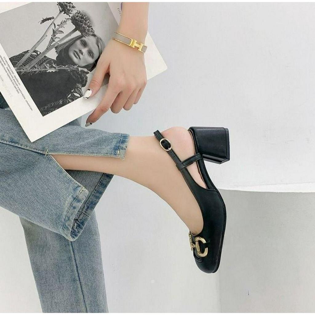 SSZ0002 Heels Wanita Fashion Import Horsebit Hak Tahu Dengan Tali Belakang Ready Jakarta Bisa COD (With Box)