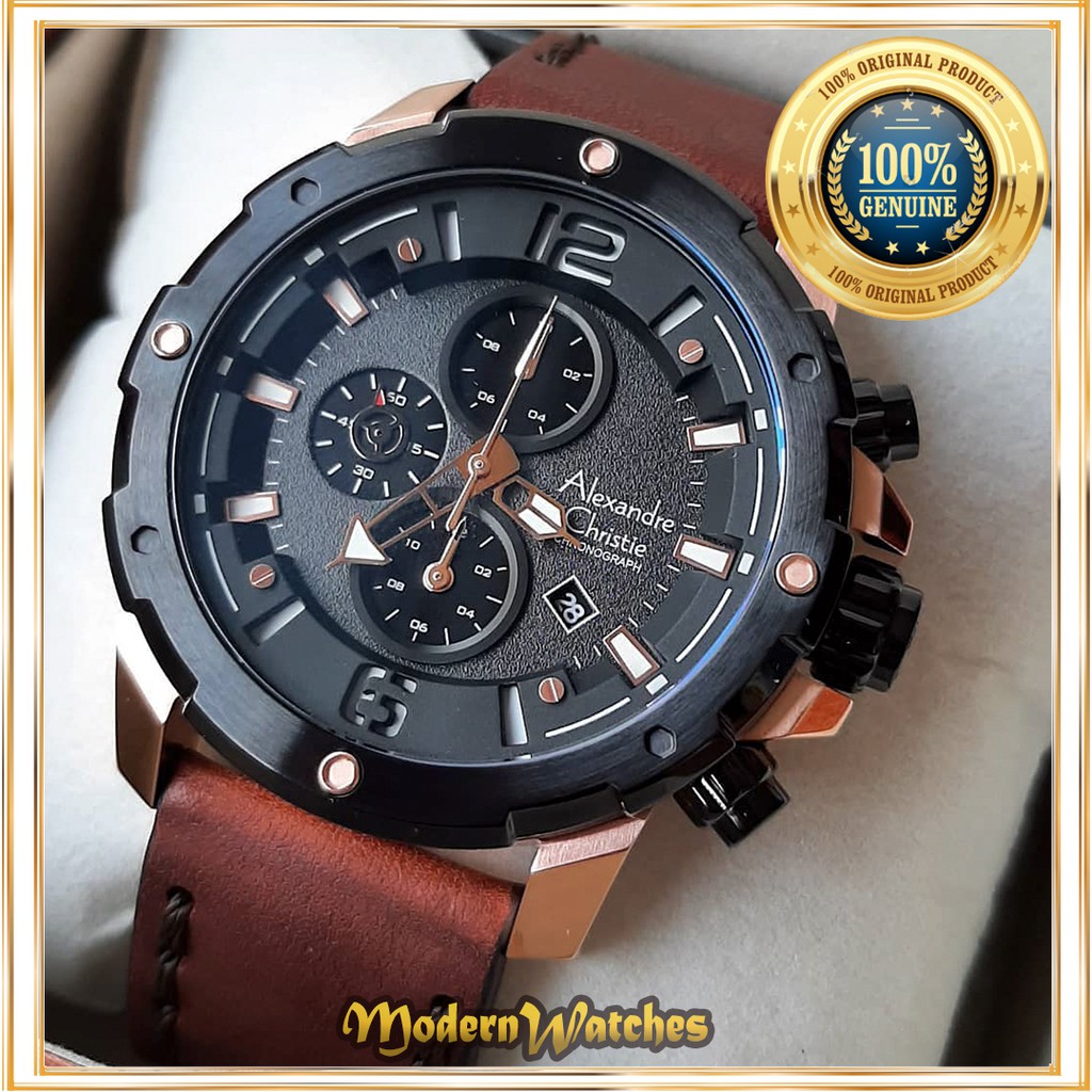Jam Tangan Ori Pria Alexandre Christie AC 6410 Hitam Rosegold Coklat Brown Kulit Alexander Terlaris