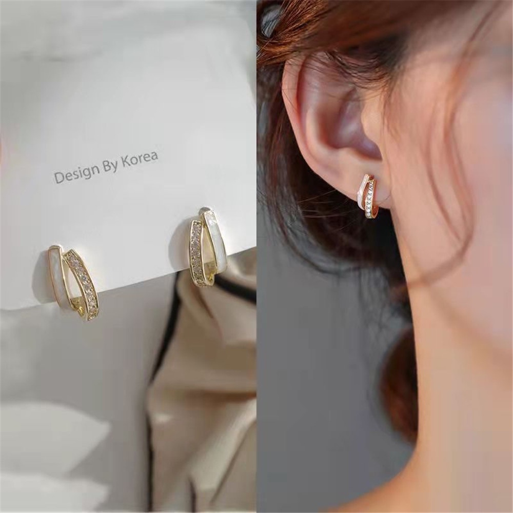 1 Pasang Anting Stud Berlian Imitasi Double Layer Gaya Korea Untuk Wanita