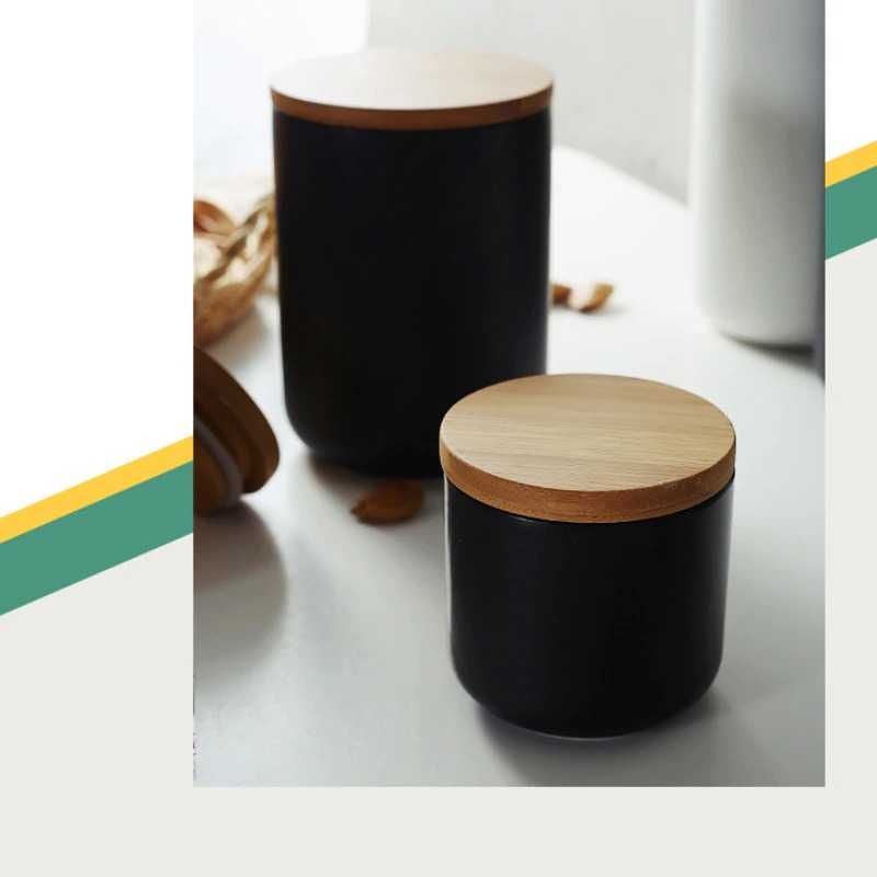 Toples Kaca Keramik (Ceramic) Tutup Kayu Wadah / Tempat Penyimpanan Gula Teh Kopi Tepung Bumbu Dapur Dengan Tutup Kayu Kedap Udara Desain Minimalis Aesthetic Bentuk Tabung – Coffee Sugar Tea Jar Container