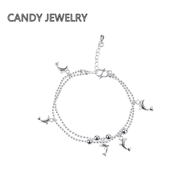 Candy Jewelry Silver Plated Copper Bracelets Dolphin Double Layer Charm Bracelet Women Anklet Ankle Chain Beach Accessories