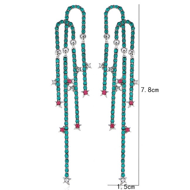 LRC Anting Tusuk Fashion Green Alloy Star Studded Tassel Earrings D28737