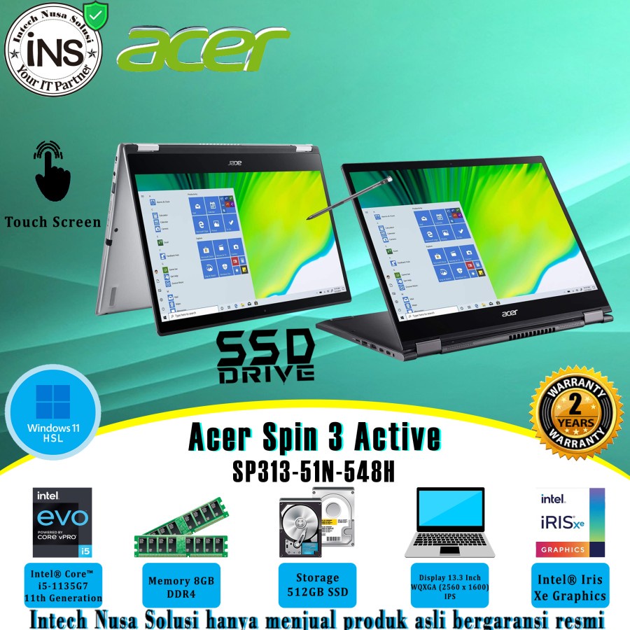 Acer Spin 3 Active SP313-51N-548H i5-1135G7 8GB 512GB SSD WIN11HSL 2YR