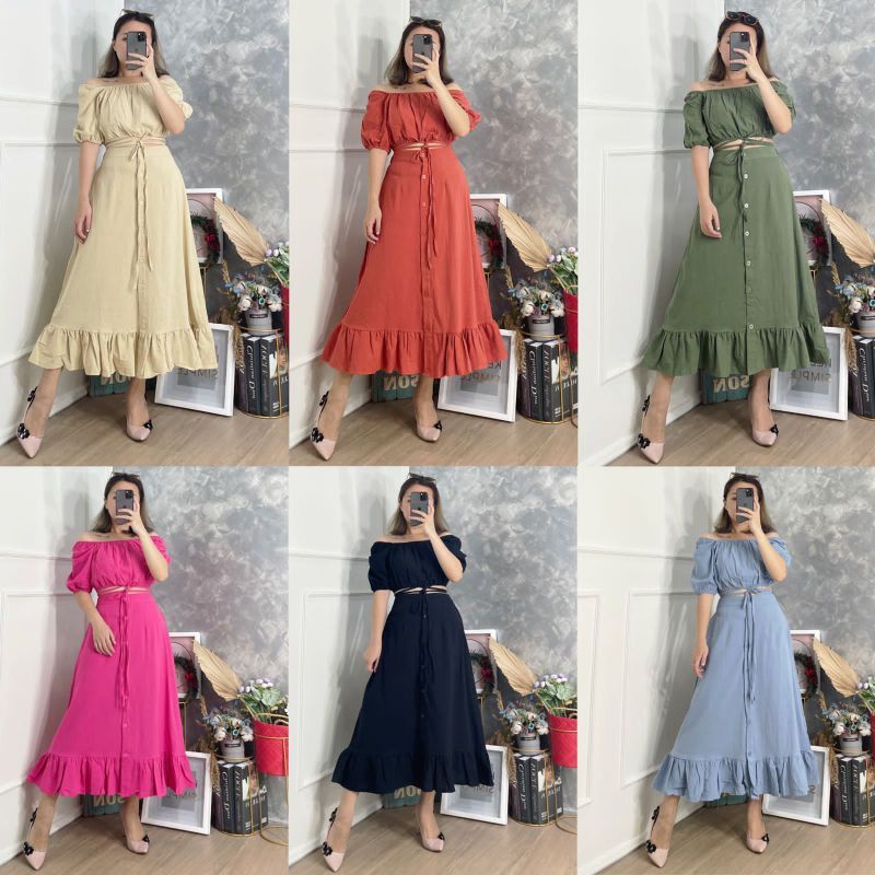 DRESS 2 PIECE ATASAN BAWAHAN 2 IN 1 SET KERUT RUFFLE ADA KARET BISA MELAR ALL SIZE FIT S TO XL LD 88-112 NGARET BAWAHAN ROK BUTTON APLIKASI KANCING BAHAN KATUN LINEN TEBAL TIDAK MENERAWANG