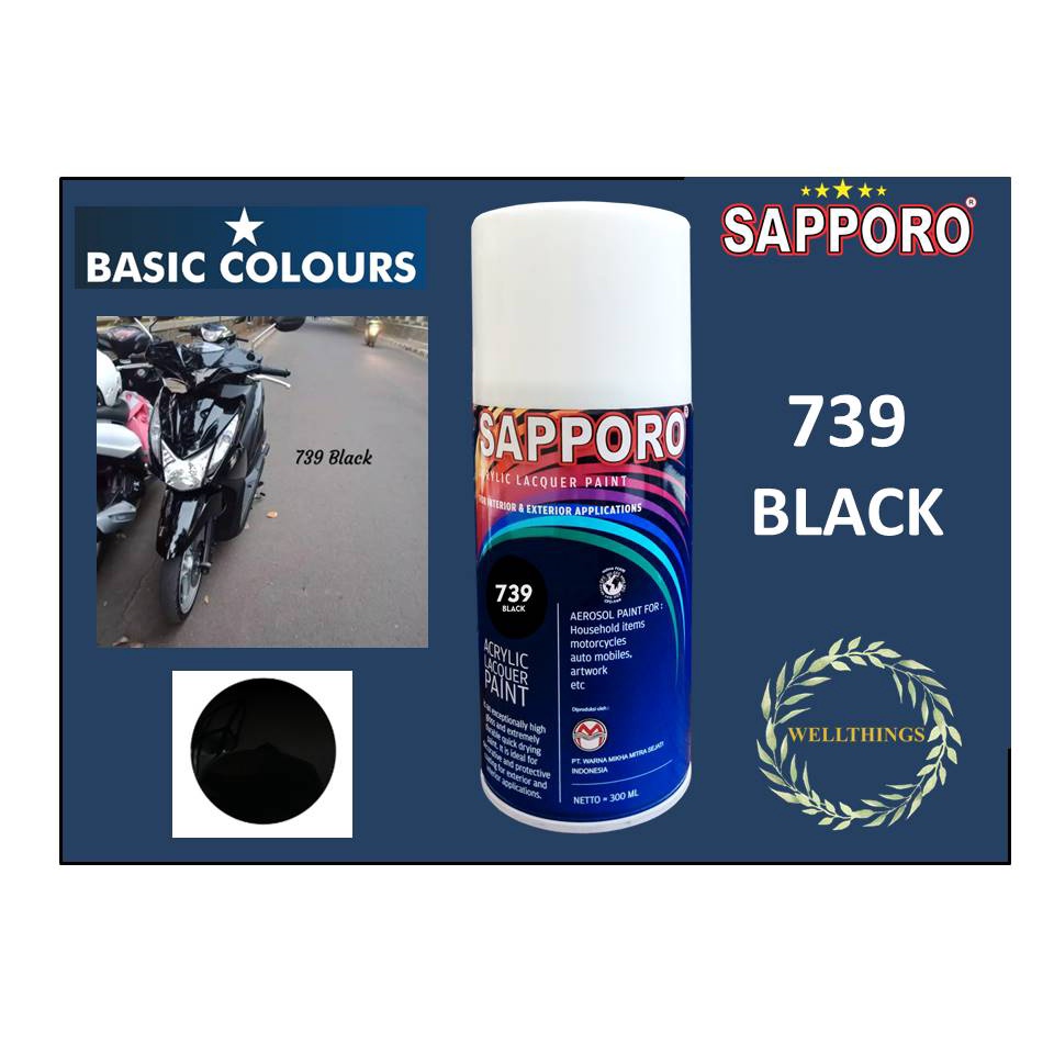 Cat Sapporo Black 739 300ml,Cat semprot warna HITAM GLOSSY UNTUK VELG