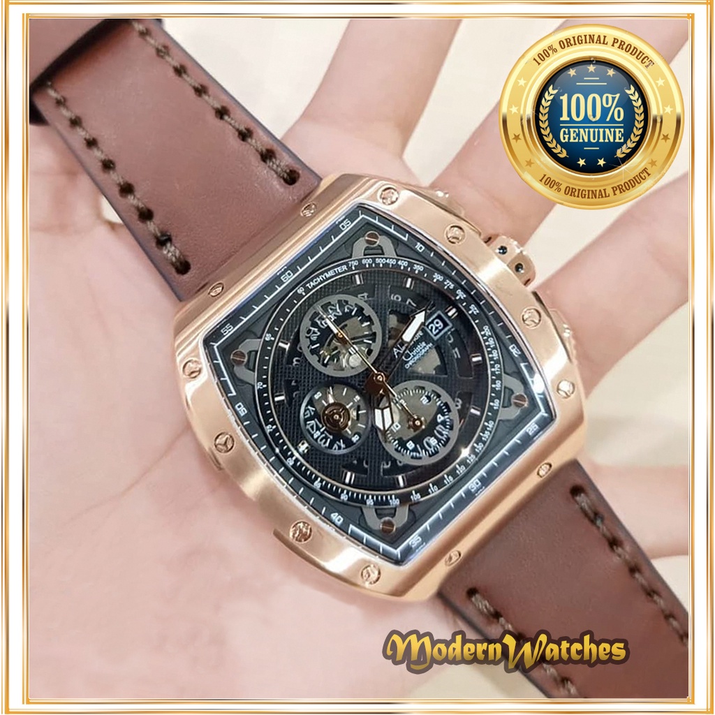 Jam Tangan Ori Pria Alexandre Christie AC 6411 Tali Kulit Coklat Brown Hitam Rosegold Sport Skeleton
