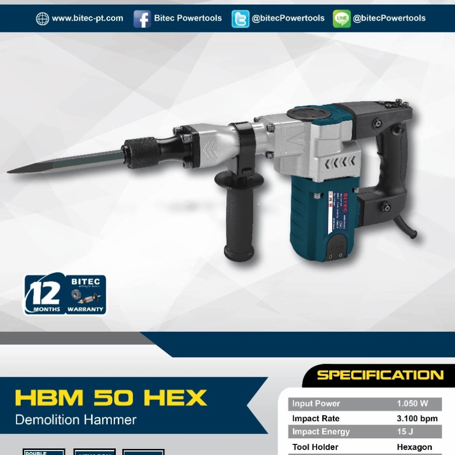 Mesin Bobok Beton BITEC HBM 50 HEX Demolition Hammer HBM50HEX