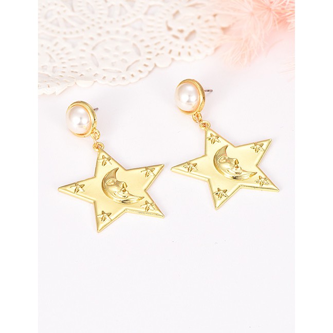 LRC Anting Tusuk Fashion Gold Alloy Pearl Pentagram Stud Earrings F46778