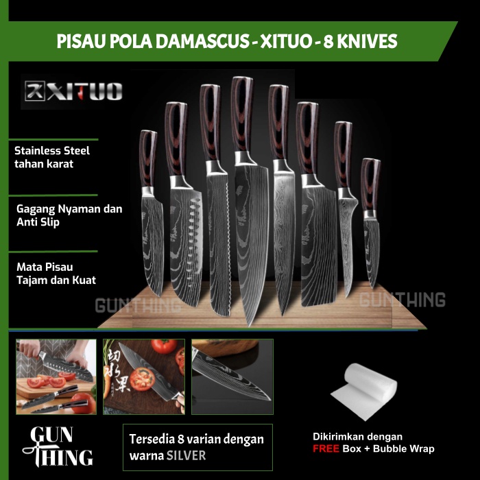 Pisau Dapur Damascus - XITUO 8 Knives / Chef Boning Santoku Paring Bread Cleaver Slicinng