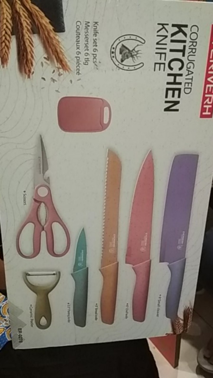 (bow) Pisau Set 6in1 Peralatan Dapur Set Talenan Pisau Keramik Warna Warni 24d54