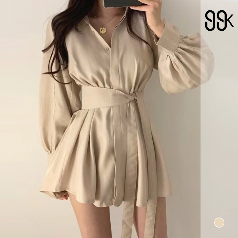 Women Summer Long Sleeve Belted Collar Mini Dress Wanita Lengan Panjang 1456 (S-XL)