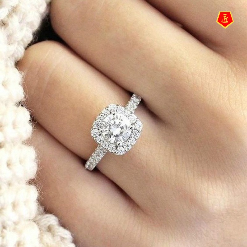 [Ready Stock]18K Platinum Square Diamond Ring Simple and Elegant