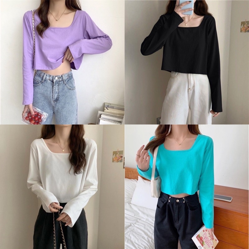 A682 • Korean Crop Tee Atasan Kaos Lengan Panjang Import • top Longgar Longsleeve Fashion wanita