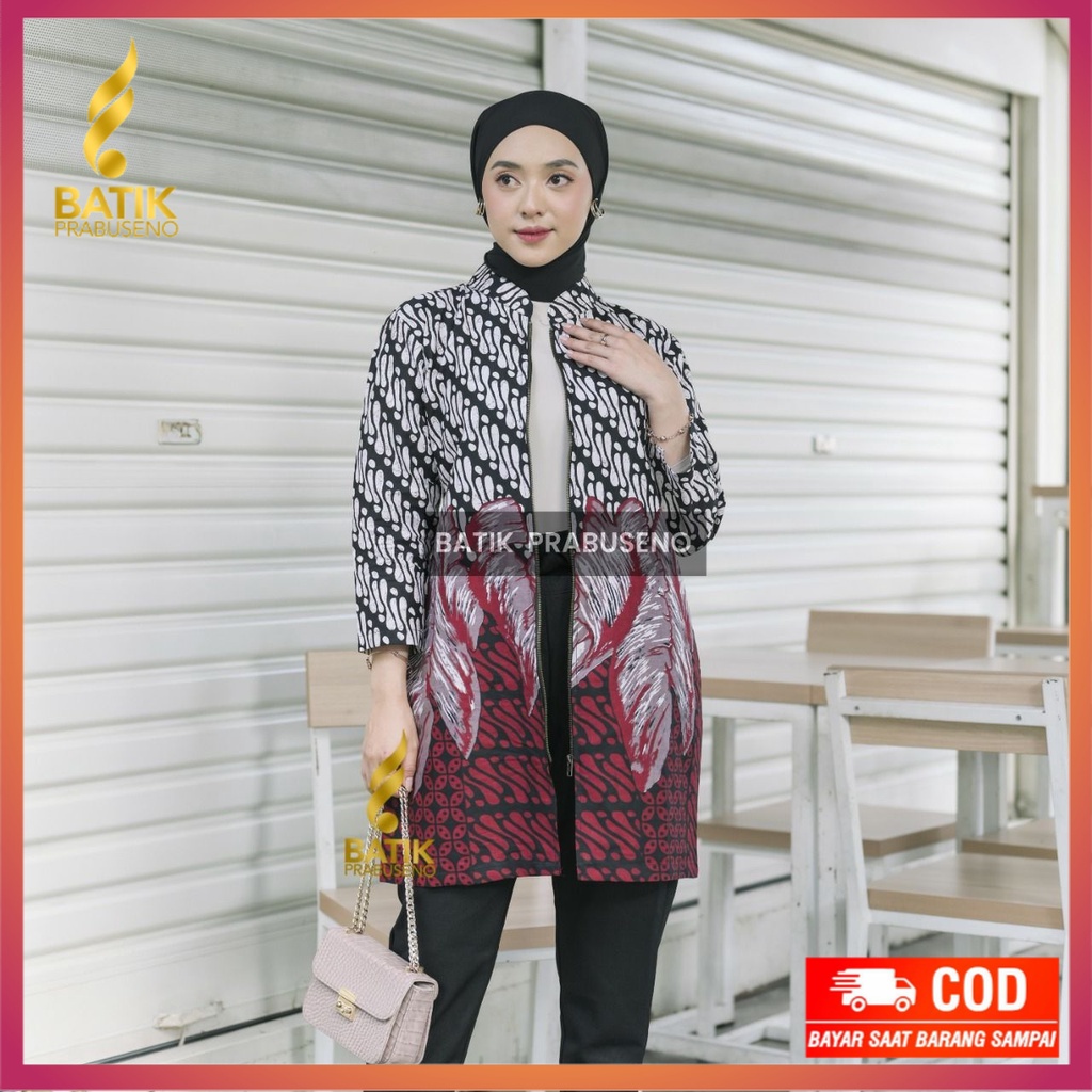 ISMAYA Tunik Batik Wanita Prabuseno Modern  Lengan Panjang Katun Lapis Furing Modern Kerja Kantoran 