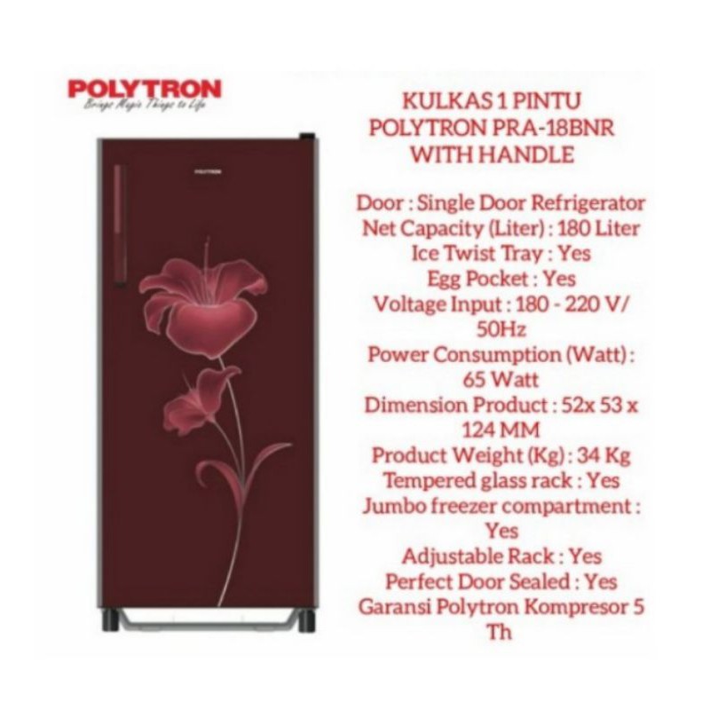 Kulkas Polytron PRA 18BNR 1 Pintu - 180 Liter