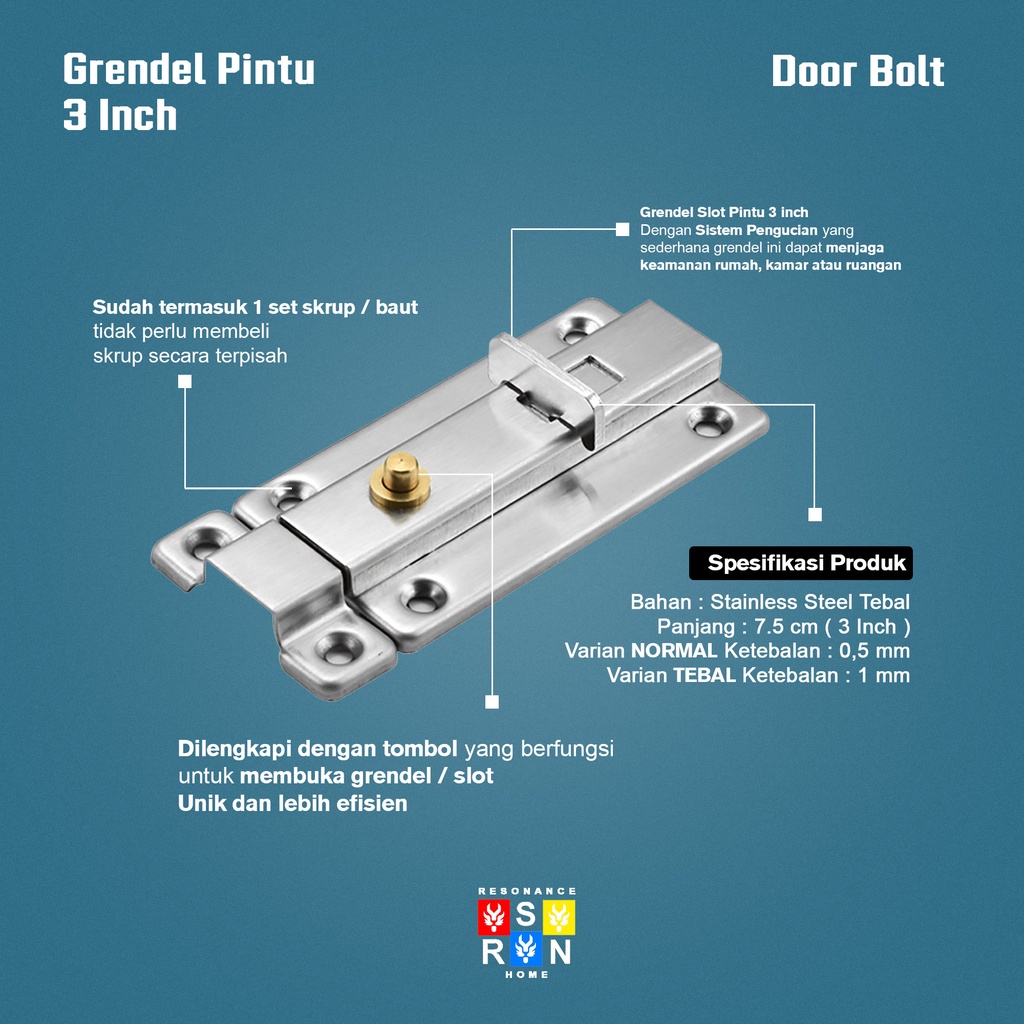 Slot Pintu Pencet Otomatis 3 Inci Stainless l Grendel Slot Kunci Pintu Tekan Resonance Home