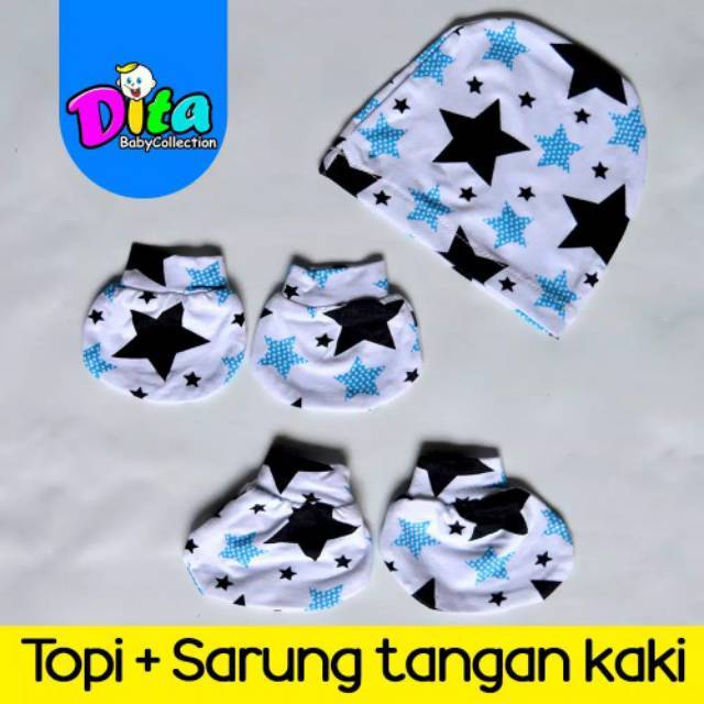 Set Topi Bayi Sarung Tangan Kaki bayi Motif Dita / Perlengkapan bayi, sarung tangan kaki bayi murah