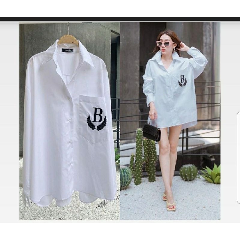 KEMEJA PUTIH OVERSIZE BIGSIZE BAJU ATASAN WANITA JUMBO LD120 HEM LENGAN PANJANG BORDIR