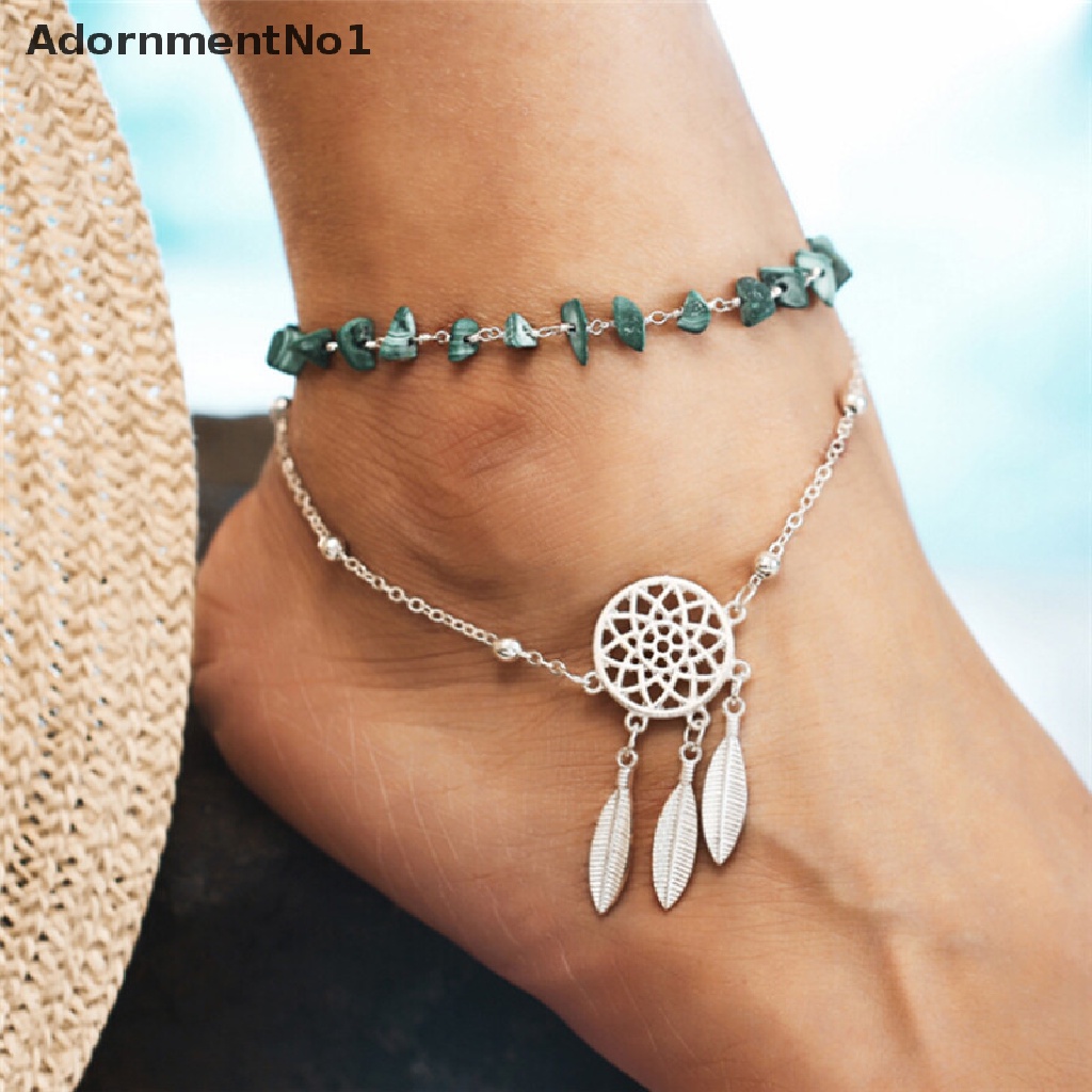 (AdornmentNo1) Gelang Kaki Rantai Multisusun Hias Manik + Dreamcatcher Gaya Boho