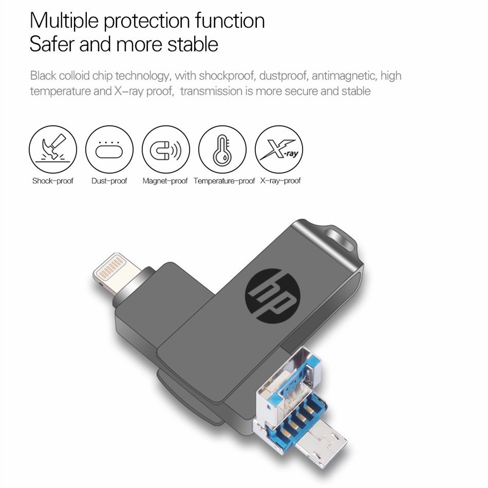 HP 3 in 1 IOS OTG USB Flash Drive 512GB Rotation Pen Drive for iPhone/Android/PC