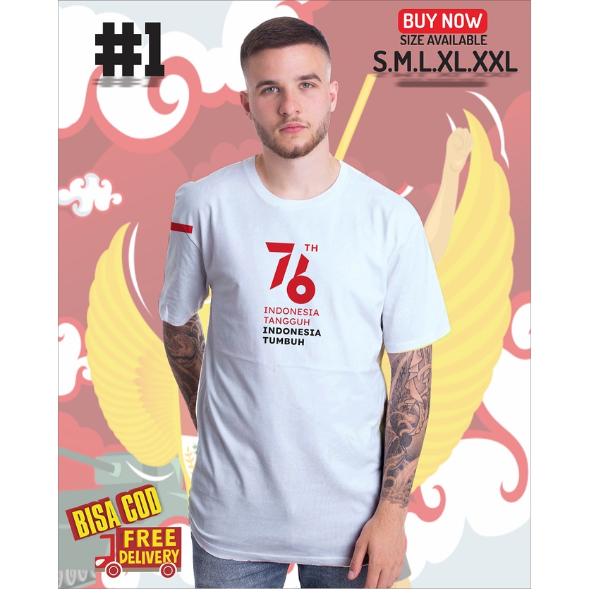 Kao/Tshit/Baju Logo Agustus Indonesia 76 tahun Indonesia TUMBUH Garuda Merdeka Pria Dan Wanita
