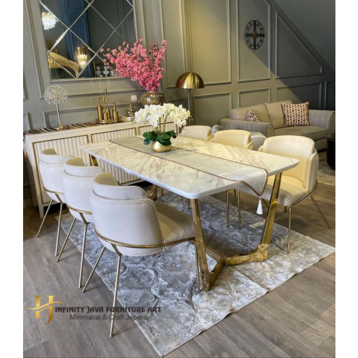 SET MEJA MAKAN STAINLESS 6 KURSI MAKAN STAINLESS TOP MARMER CARARA EXPORT QUALITY