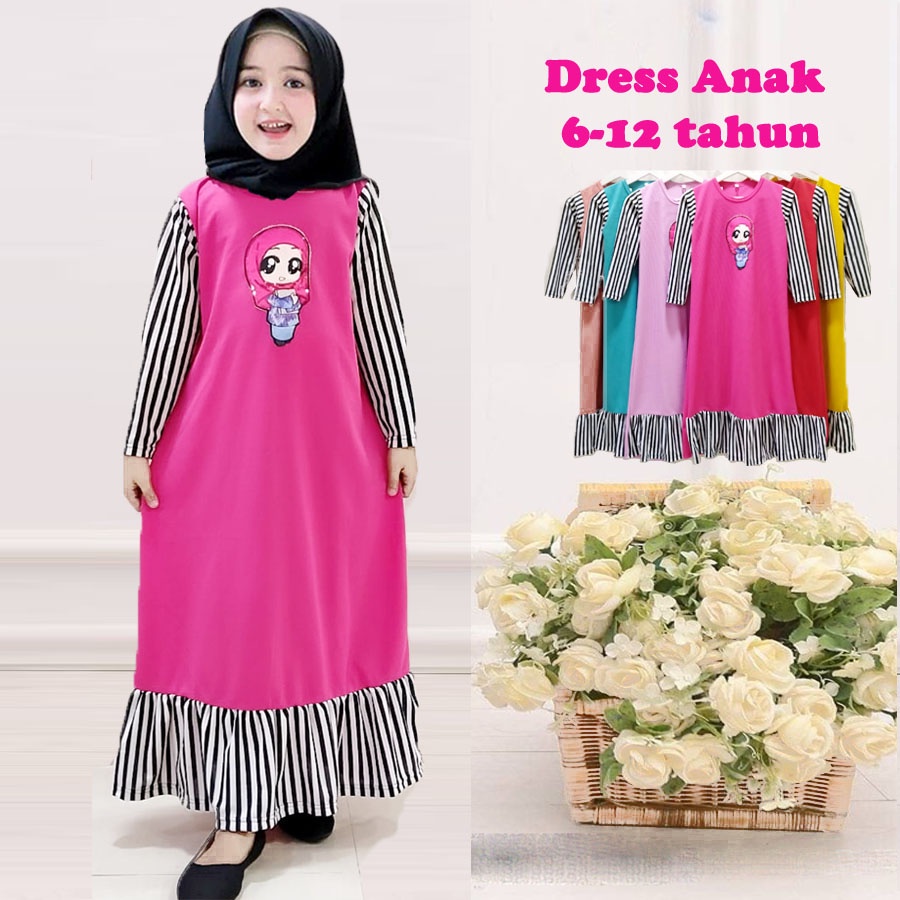 DRESS ANAK LOL SALIHAH REMPEL BAWAH GAMIS MURAH Usia 4-12 tahun CARLINA