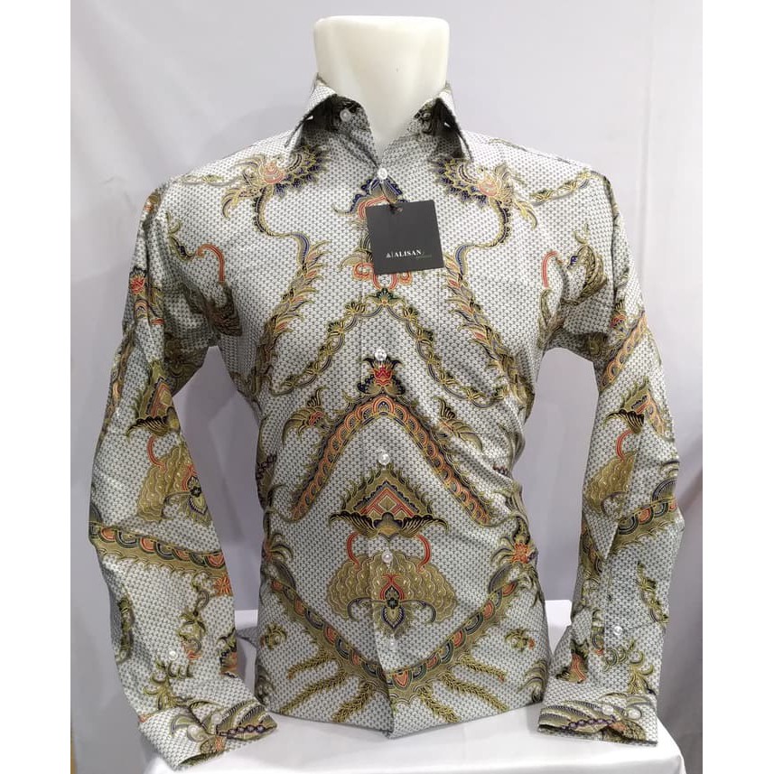 Kemeja Batik Pria Alisan Panjang Reguler Ekor Naga Abu Coklat