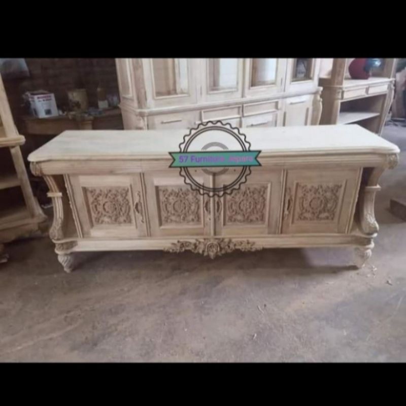 Bifet meja tv panjang 200cm mentahan - Lemari hias pendek jati mentahan