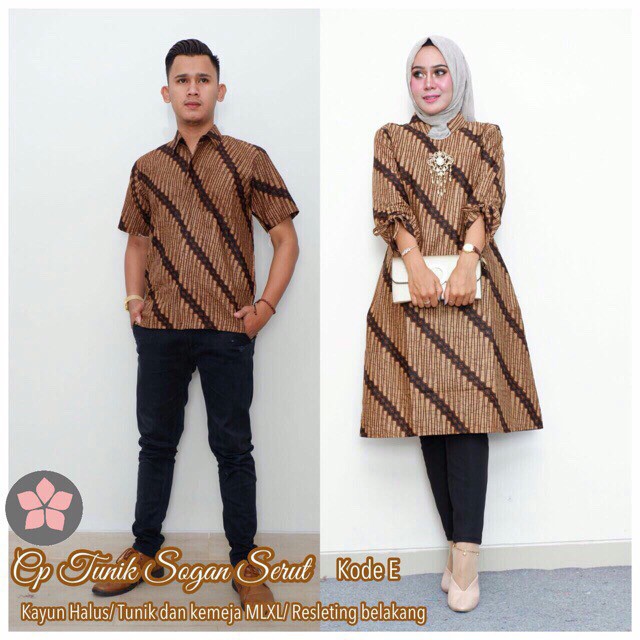 Couple Tunik Sogan Serut Genes Apsari Coklat Batik Modern Midi Sarimbit Kerja Seragam Kantor