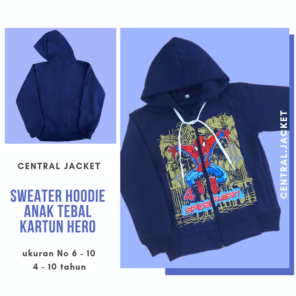 JAKET ANAK LAKI SUPERHERO - JAKET ANAK TK SD - HOODIE ANAK TEBAL WARNA BIRU ABU DONGKER