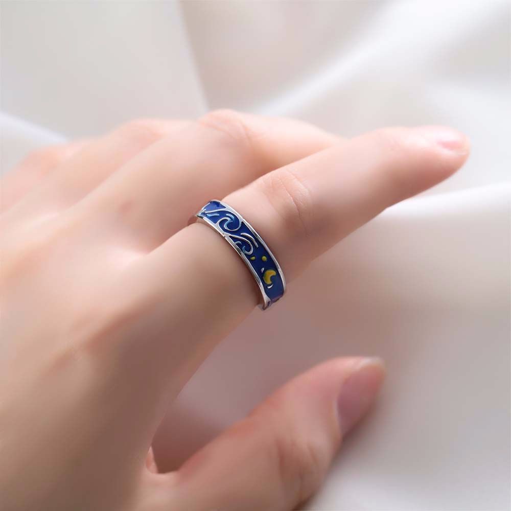 Needway  Romantic Open Rings Vintage Moon Starry Night Couple Rings Matching Lovers Van Gogh Starry Sky Men Silver Color Adjustable Fashion Jewelry