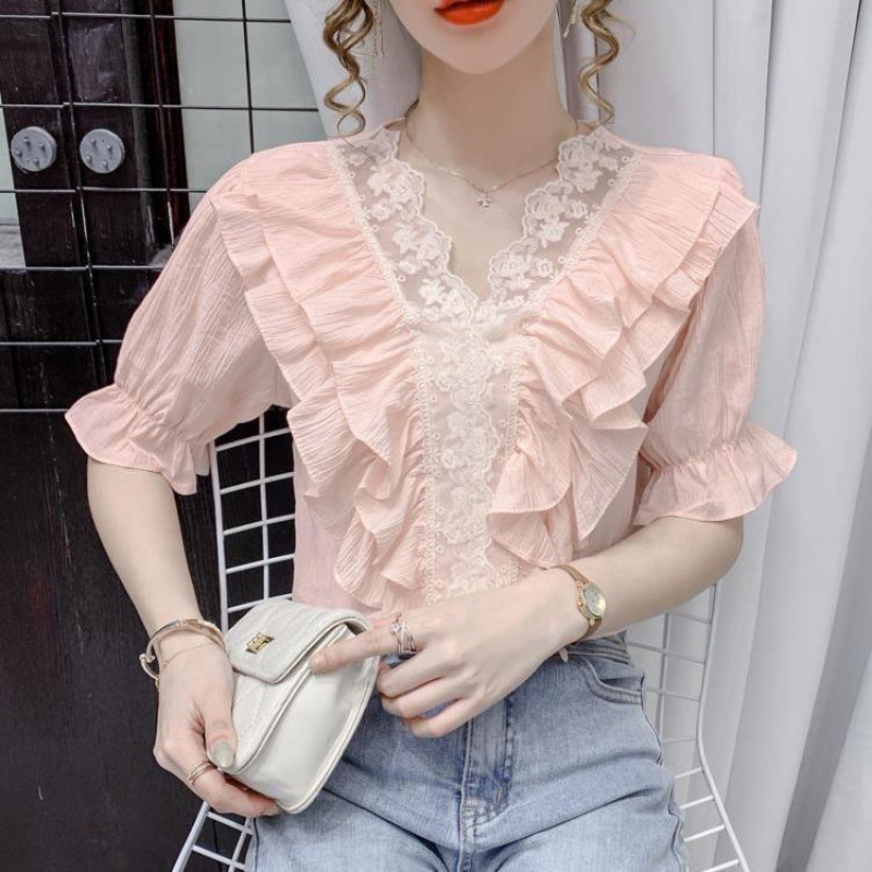 #Sisjuly# Wanita Renda Jahitan V-Neck Shirt Musim Panas Baru Manis Ruffle Lengan Pendek Kemeja Top