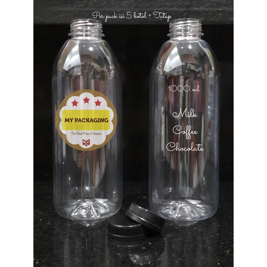 Botol Plastik KALE 1 liter - 1000ml TEBAL 45gr + Tutup (harga per pack isi 5 botol)