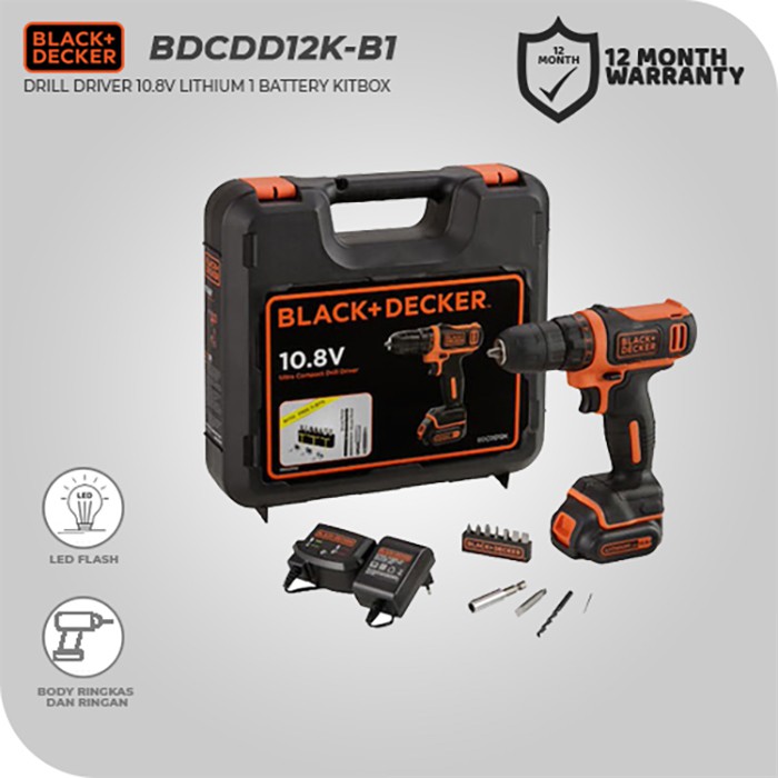Black & Decker Cordless Drill / Bor Tangan Baterai 10.8Volt BDCDD12K
