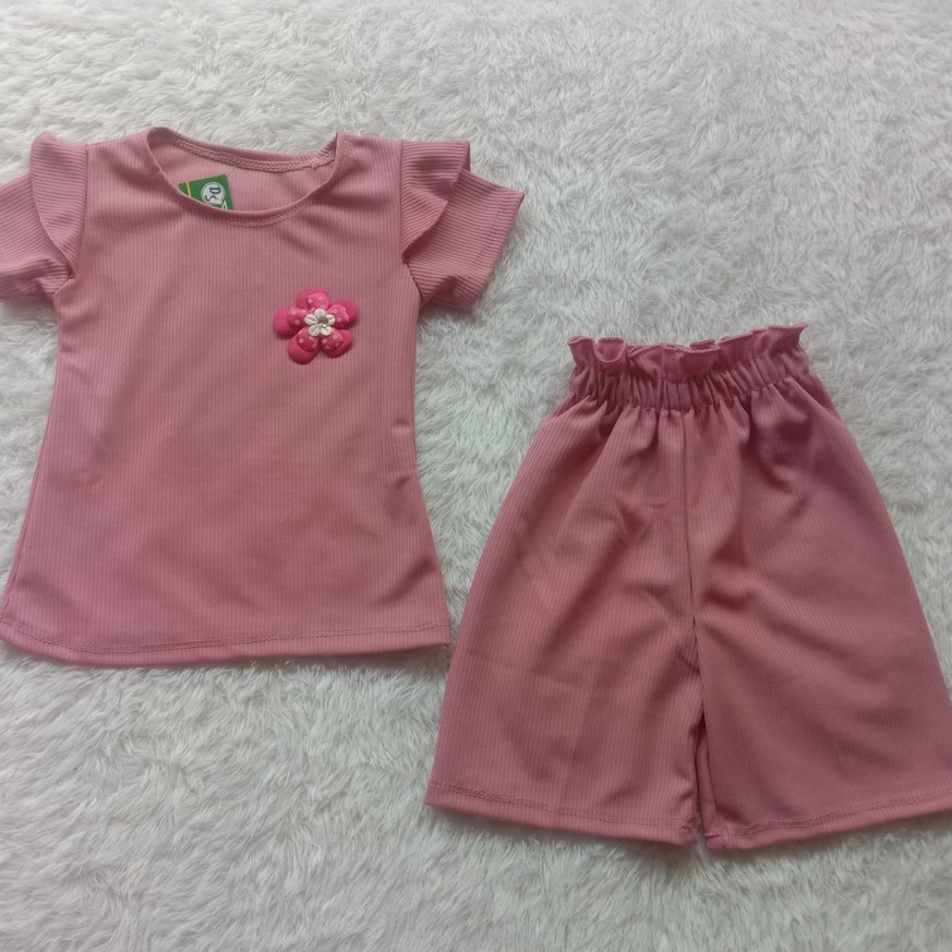 Setelan Anak Perempuan Knit Mango Waffle Ruffle Lengan pendek Setelan Kulot anak cewek knit 1-5 th babyrib-PINK