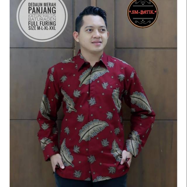 Kemeja Batik Lengan Panjang Warna Merah Batik Lapis Furing Batik Motif Daun
