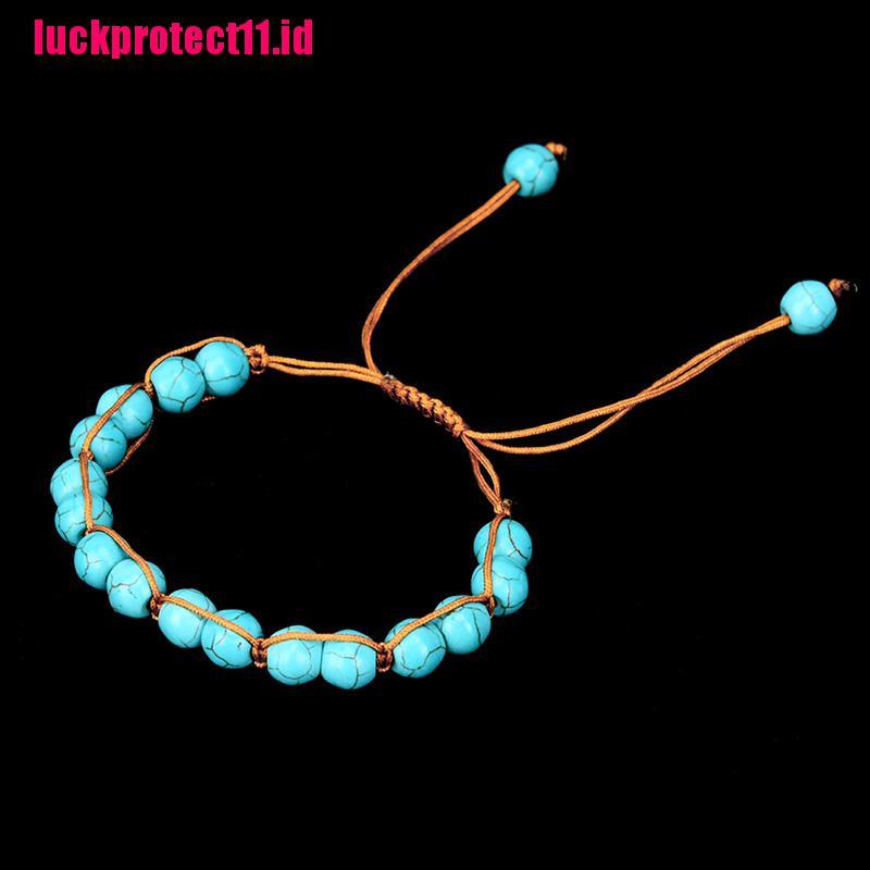 (LUCK) Gelang Tangan Elastis Aksen Manik-Manik Batu Turquoise Natural Gaya Boho Untuk Wanita / Pantai